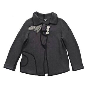 Jaskar Knit Cardigan Dk Gray Cotton Blend Applique Houndstooth  Buttons Sz M